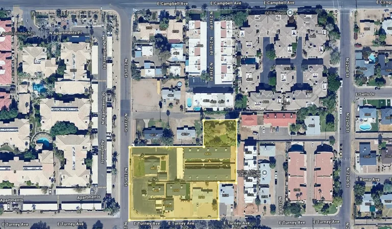 Aerial map of the proposed Turney Villas development site in Phoenix, with yellow overlay marking the rezoning area at 21st Street and Turney Avenue.